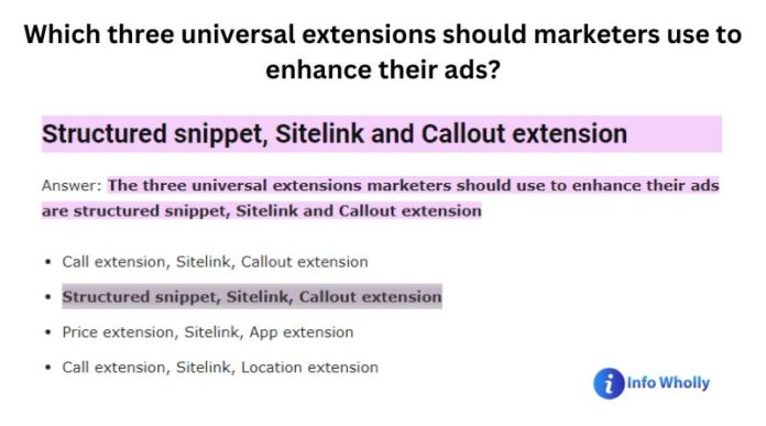 Which three universal extensions should marketers use to enhance their ads